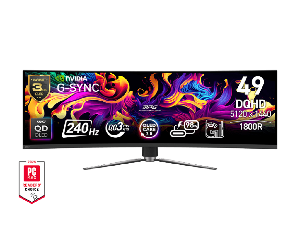 MSI MPG 491CQPX QD-OLED 49-inch QD-OLED 5120 x 1440 (DQHD) Monitor, 240Hz, Height Adjustable, Speaker, 0.03ms, Black.