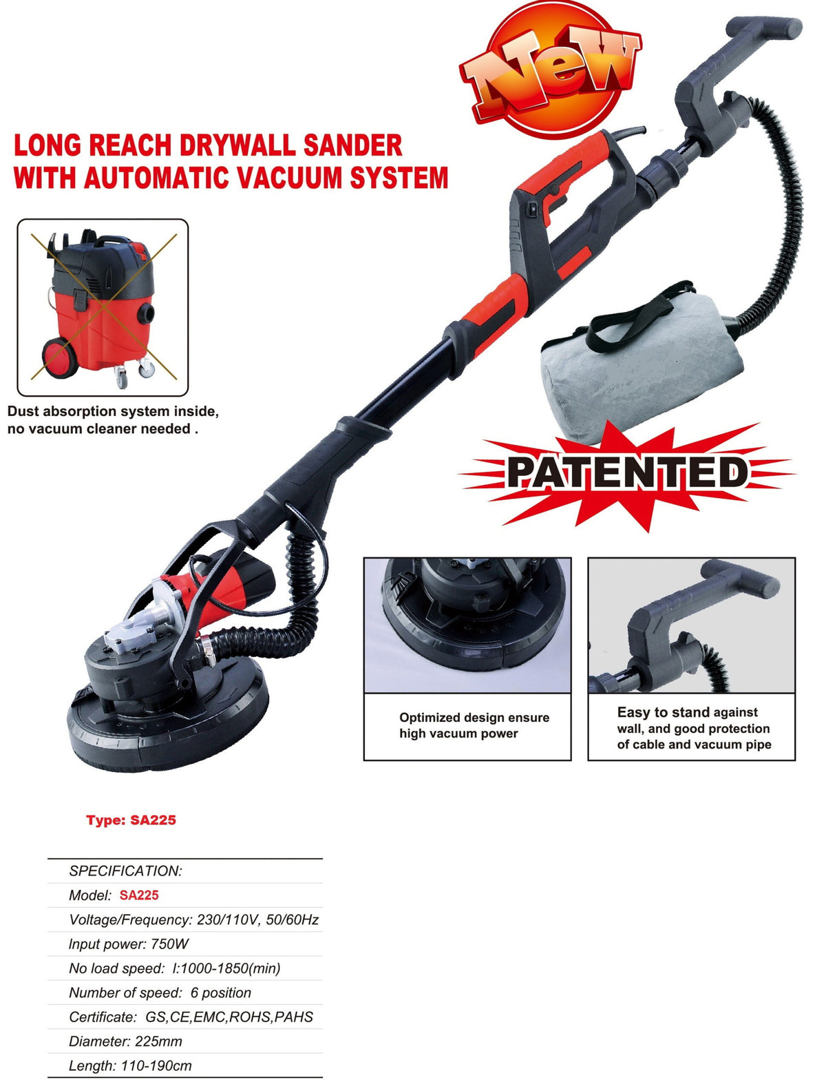 SA225 Dry wall sander + Dust vacuum