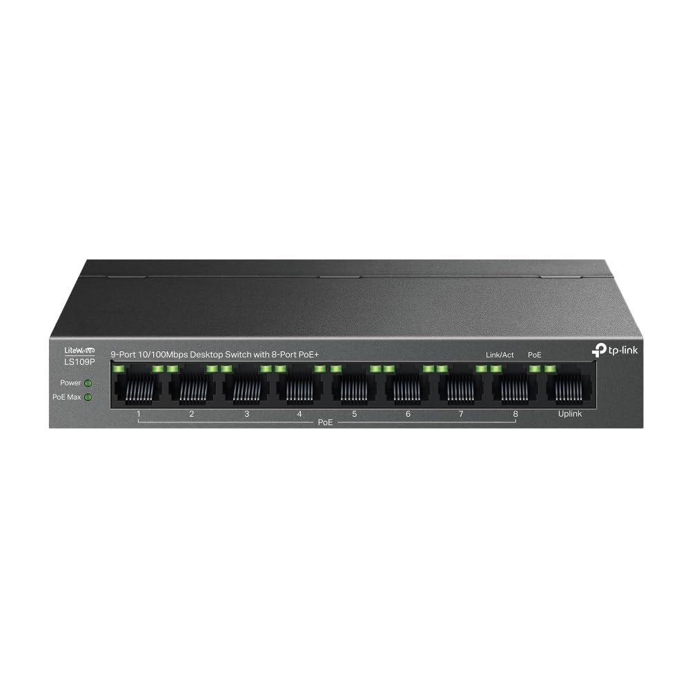 TP-Link (LS109P) 9-Port 10/100Mbps Desktop Switch with 8-Port PoE+.