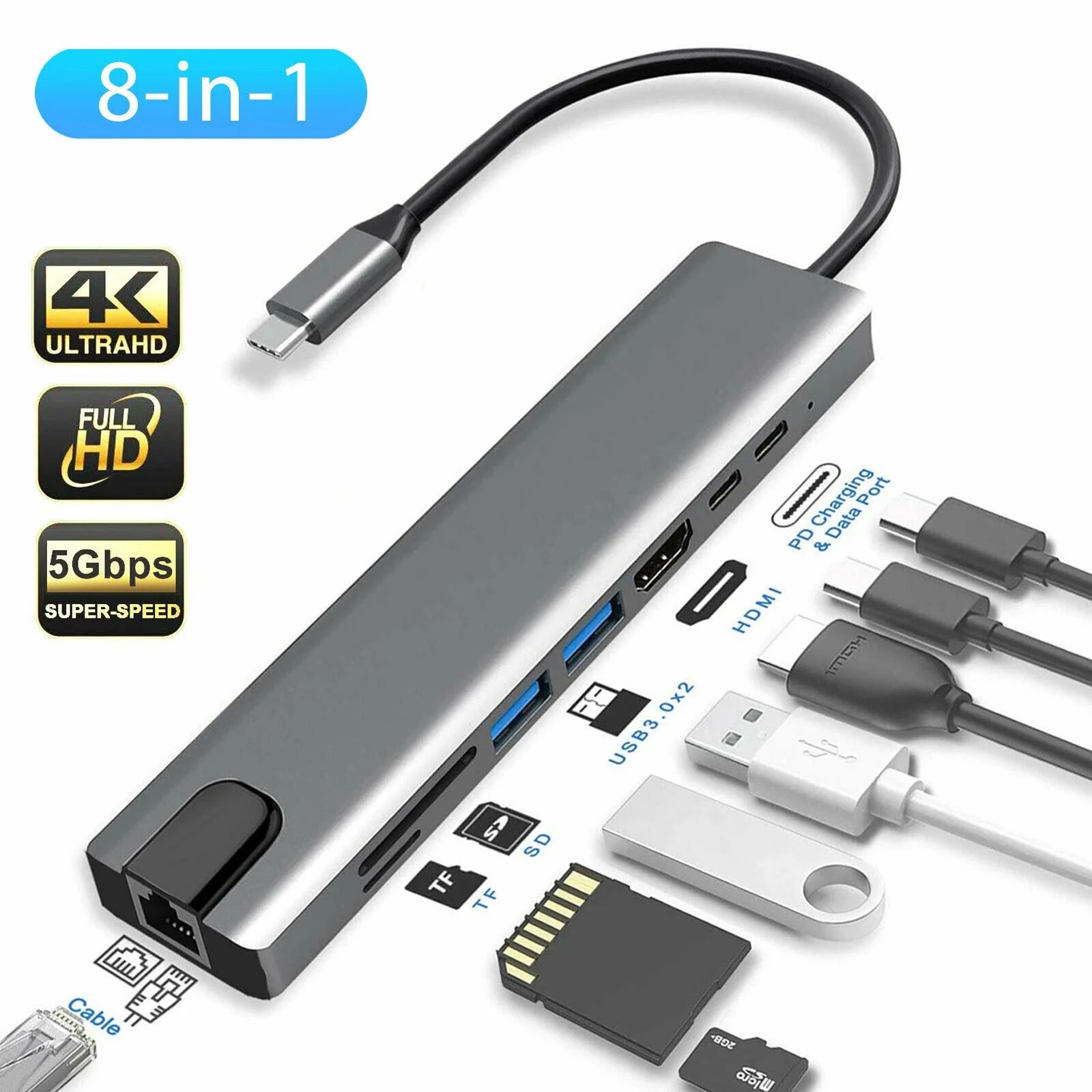 Type-C 8 in 1 Multiport to USB C 4K HDMI Adapter USB 3.0 .
