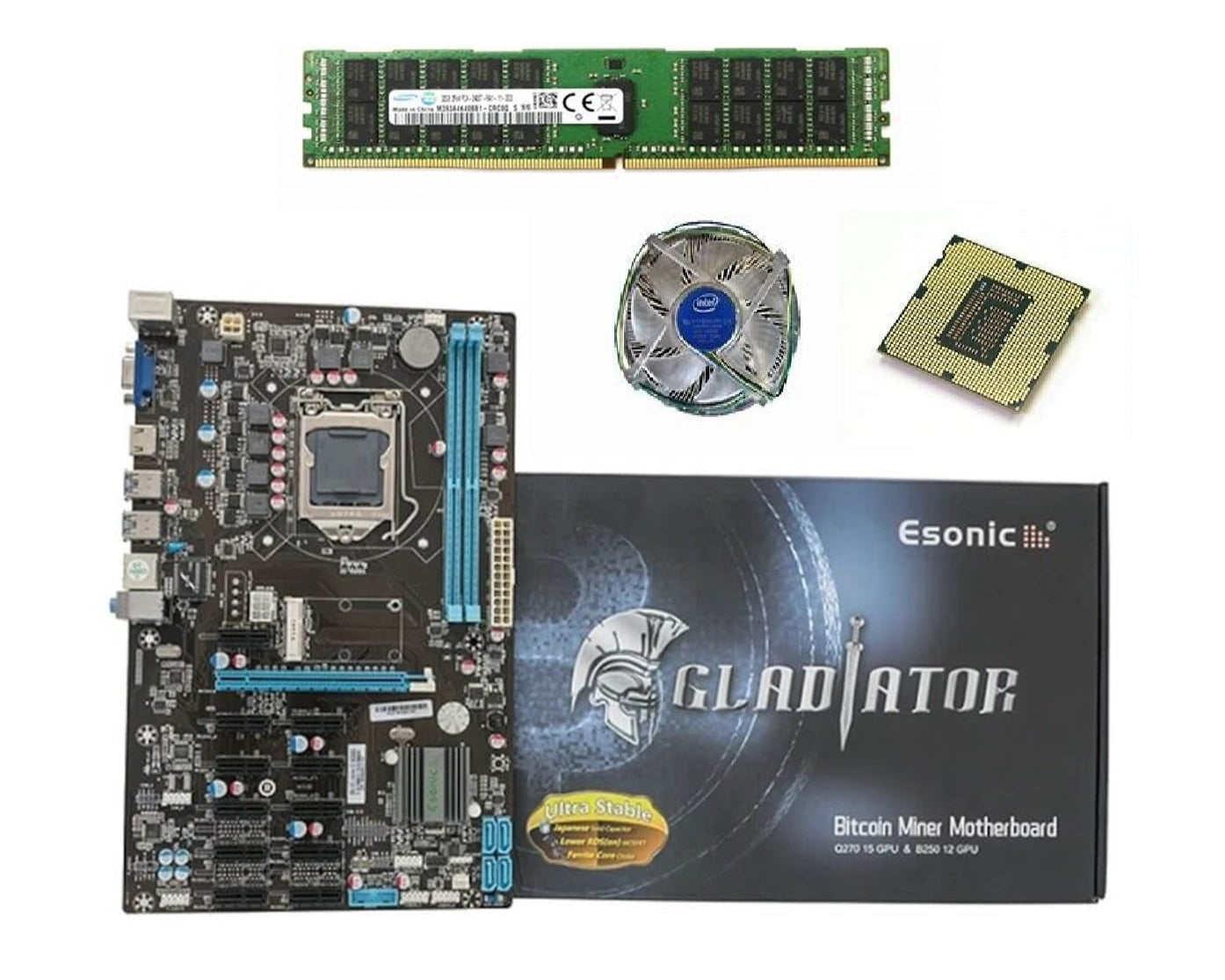 Esonic B250 BTC Gladiator 12PCIe Mining Motherboard + CPU + RAM + CPU Cooler.